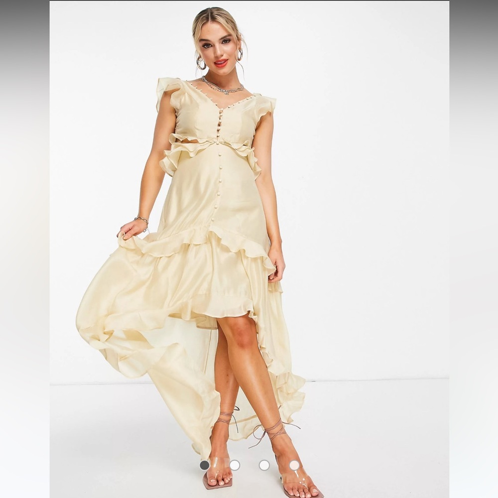 ASOS DESIGN button front voile maxi dress with hi-lo hem and cut out detail